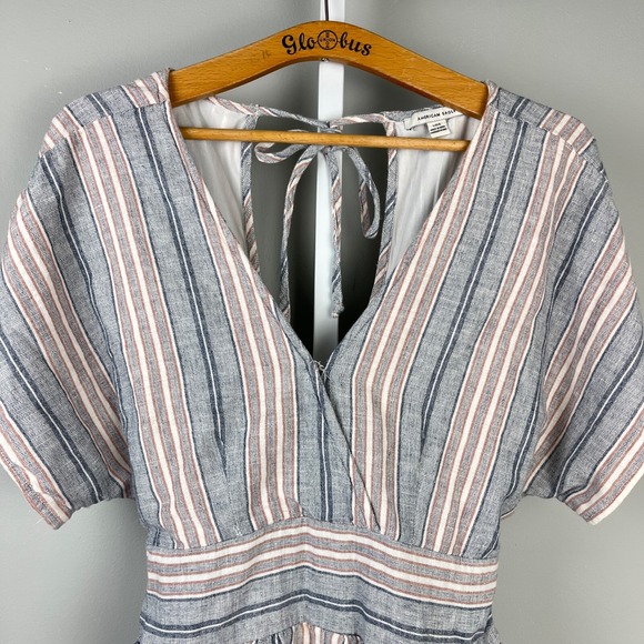 American Eagle Outfitters Shorts Romper Womens Large Cotton Linen Stripe‎ - Picture 2 of 6